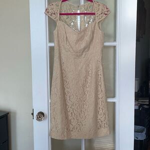 J crew tan beige sweet heart wedding cocktail lace midi pencil dress size 8